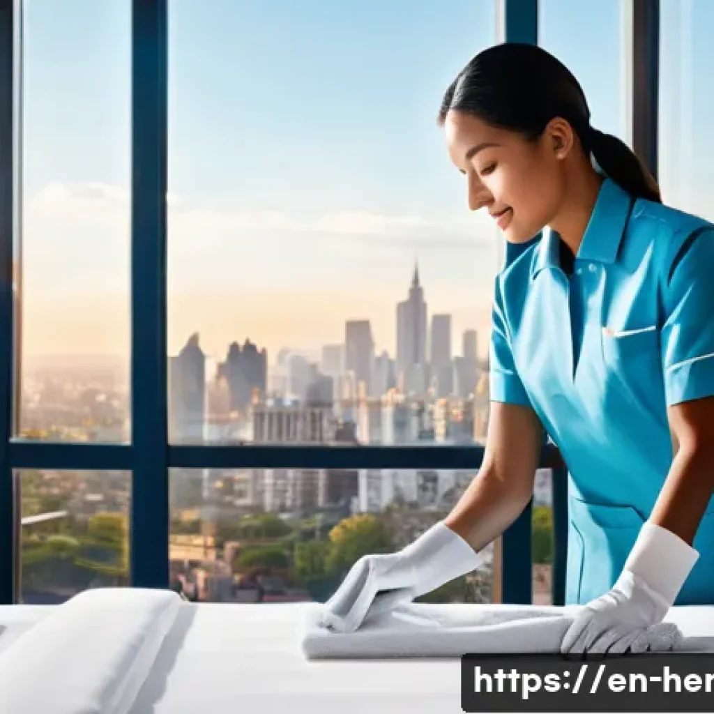 생활가사도우미의 직업 만족도와 장단점 - **Prompt:** "A bright, sunlit hotel room being meticulously cleaned by a housekeeper. The housekeepe...