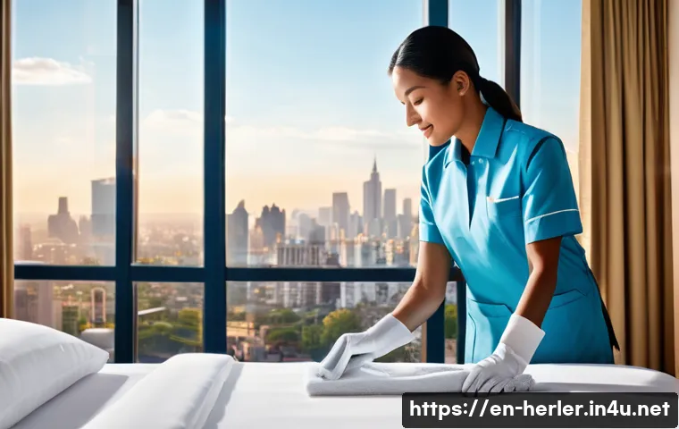 생활가사도우미의 직업 만족도와 장단점 - **Prompt:** "A bright, sunlit hotel room being meticulously cleaned by a housekeeper. The housekeepe...