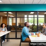 생활가사도우미를 위한 네트워킹 방법 - A vibrant community center meeting room filled with diverse adults engaging warmly in conversation, ...