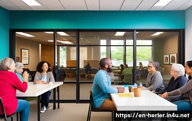 생활가사도우미를 위한 네트워킹 방법 - A vibrant community center meeting room filled with diverse adults engaging warmly in conversation, ...