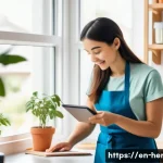 가사도우미 실무 교육 프로그램 추천 - A domestic helper wearing neat, modest clothing and an apron, efficiently organizing a bright, moder...