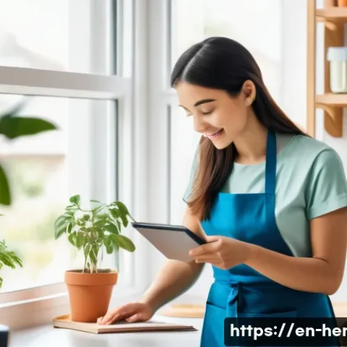 가사도우미 실무 교육 프로그램 추천 - A domestic helper wearing neat, modest clothing and an apron, efficiently organizing a bright, moder...