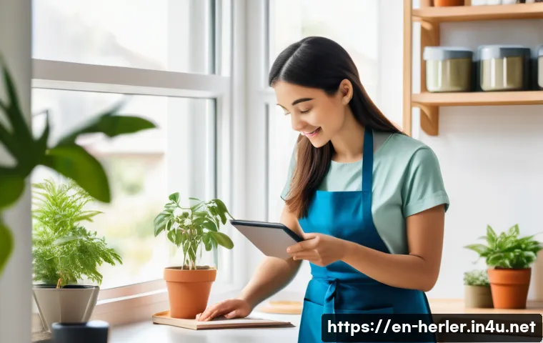 가사도우미 실무 교육 프로그램 추천 - A domestic helper wearing neat, modest clothing and an apron, efficiently organizing a bright, moder...