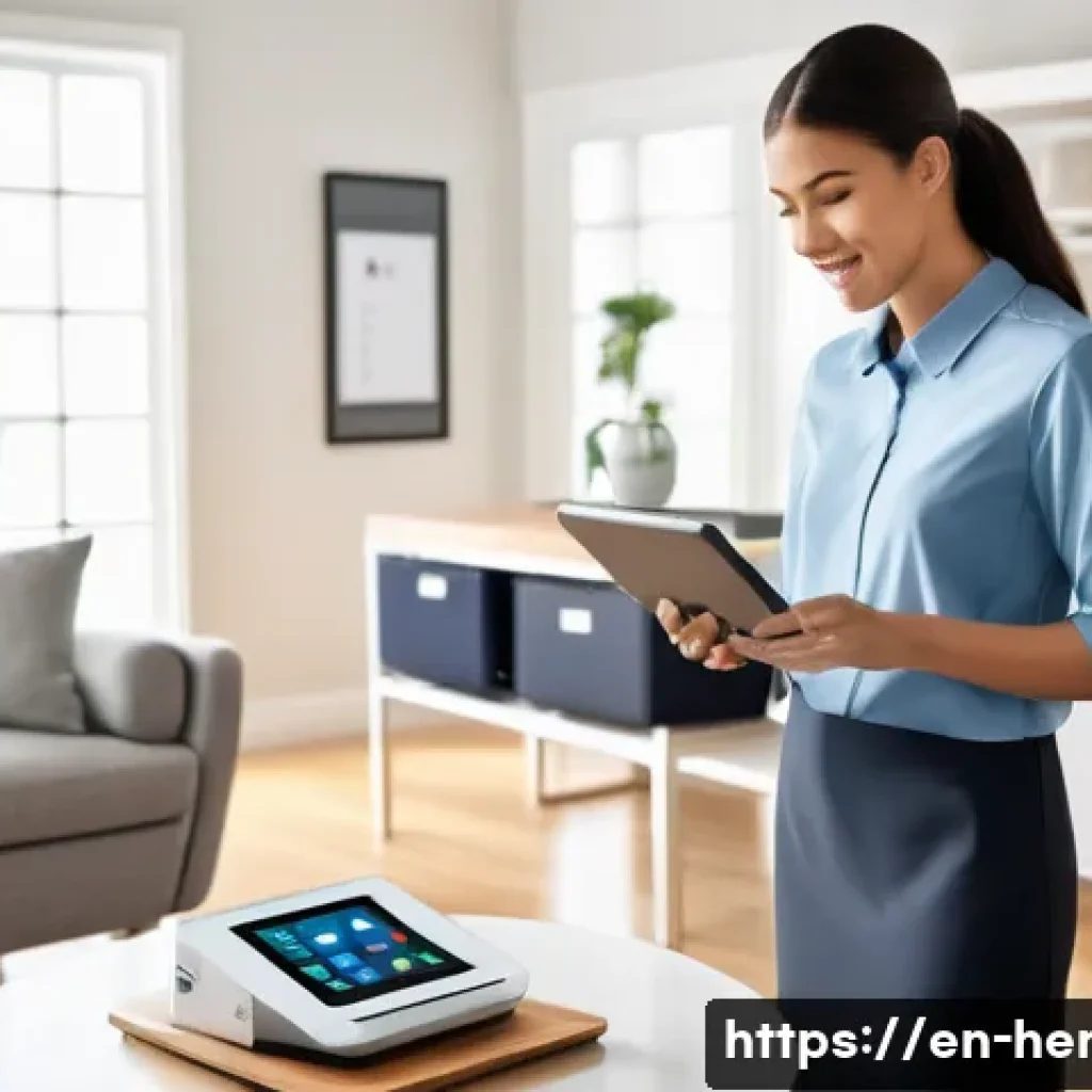 가사도우미로서 적합한 기술과 교육 과정 - A professional housekeeper in a modern, sunlit living room, using a sleek tablet to organize digital...