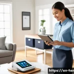 가사도우미로서 적합한 기술과 교육 과정 - A professional housekeeper in a modern, sunlit living room, using a sleek tablet to organize digital...