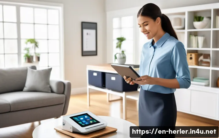 가사도우미로서 적합한 기술과 교육 과정 - A professional housekeeper in a modern, sunlit living room, using a sleek tablet to organize digital...
