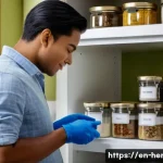 생활가사도우미 연봉 협상 전략 - A professional household helper in neat, casual attire organizing a modern kitchen pantry, carefully...