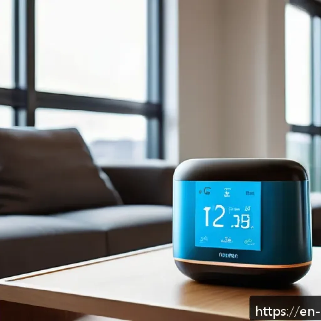 가사도우미의 미래 전망과 업계 동향 - A modern, stylish living room featuring an adaptive smart home assistant device on a sleek side tabl...