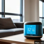 가사도우미의 미래 전망과 업계 동향 - A modern, stylish living room featuring an adaptive smart home assistant device on a sleek side tabl...