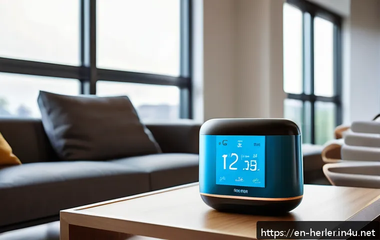 가사도우미의 미래 전망과 업계 동향 - A modern, stylish living room featuring an adaptive smart home assistant device on a sleek side tabl...