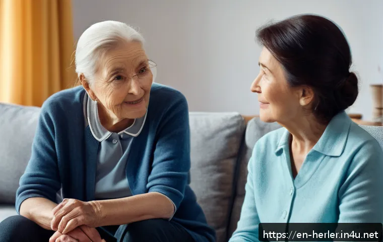 생활가사도우미로서 전문성을 갖추는 법 - A compassionate home caregiver attentively listening to an elderly client in a cozy living room, sho...