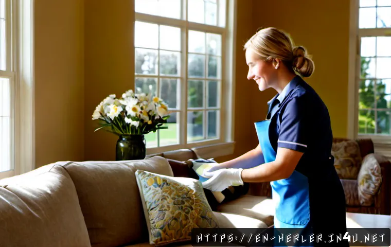 가사도우미 직업의 장점과 단점을 균형 있게 이해하기 - Photorealistic lifestyle scene of a professional housekeeper in neat practical uniform carefully org...